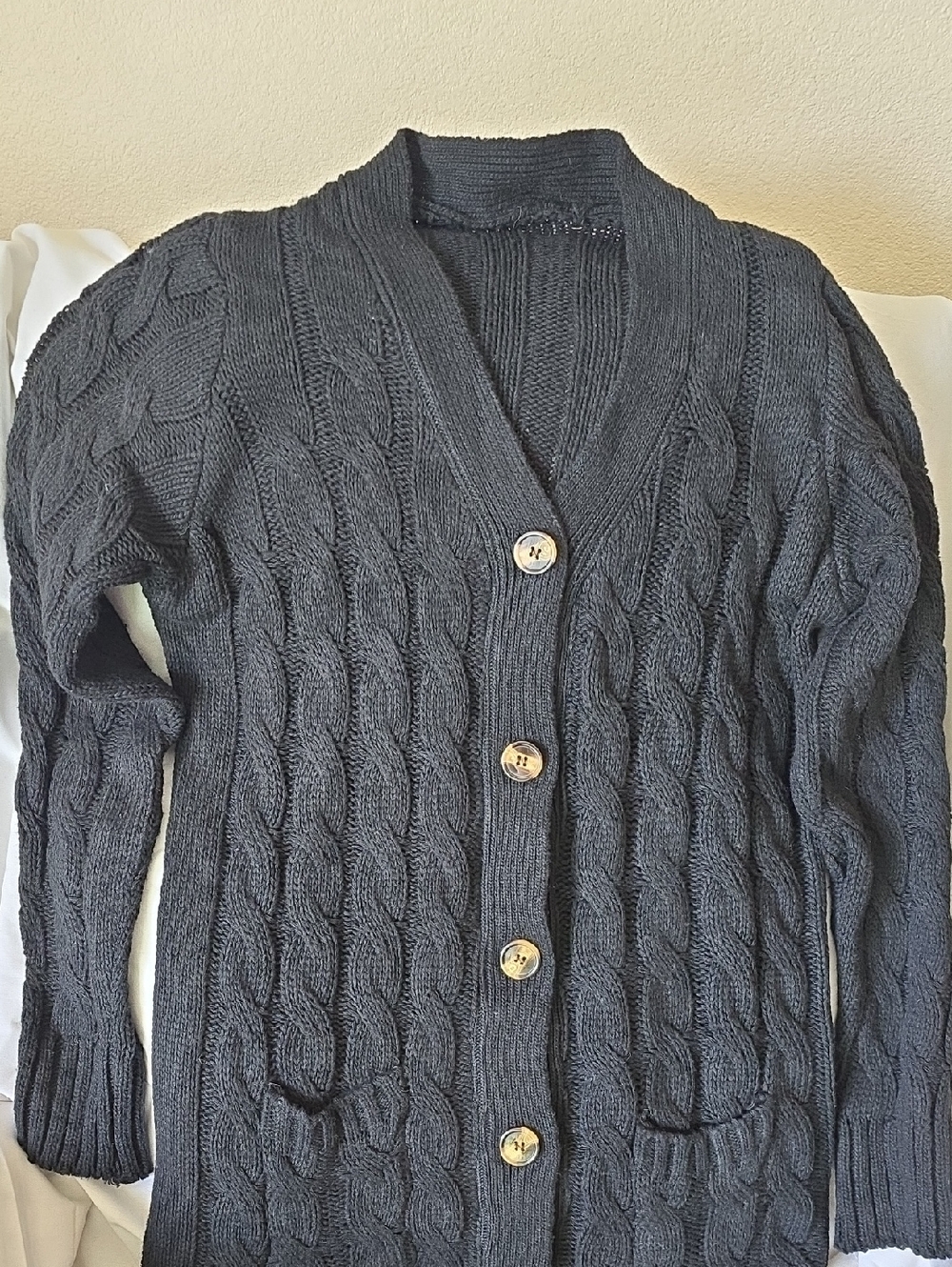Womens XL Cable Knit Shawl Cardigan Sweater - Dark Gray